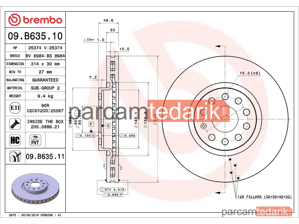 BREMBO 09B63511 | Fren Diski (Ön, 314x30 mm, 5×112) — VW Tiguan, Seat Alhambra, VW Sharan