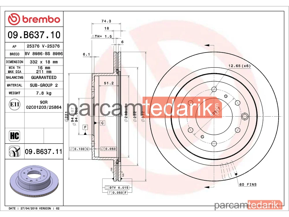 BREMBO 09B63711 | Fren Diski (Arka) — Mitsubishi Pajero IV