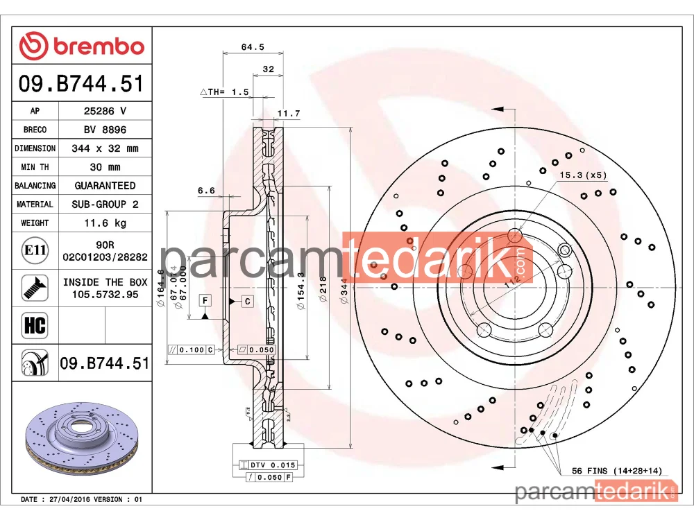 BREMBO 09B74451 | Fren Diski (Ön) — Mercedes-Benz Slc, Mercedes-Benz Slk, Mercedes-Benz E-Serisi