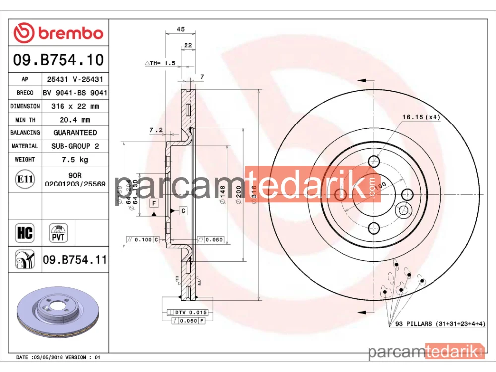 BREMBO 09B75411 | Fren Diski (Ön) — Mini, Mini Coupe, Mini Clubman