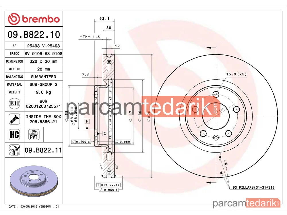 BREMBO 09B82211 | Fren Diski (Ön, 320x30 mm, 5×112) — Audi Q5