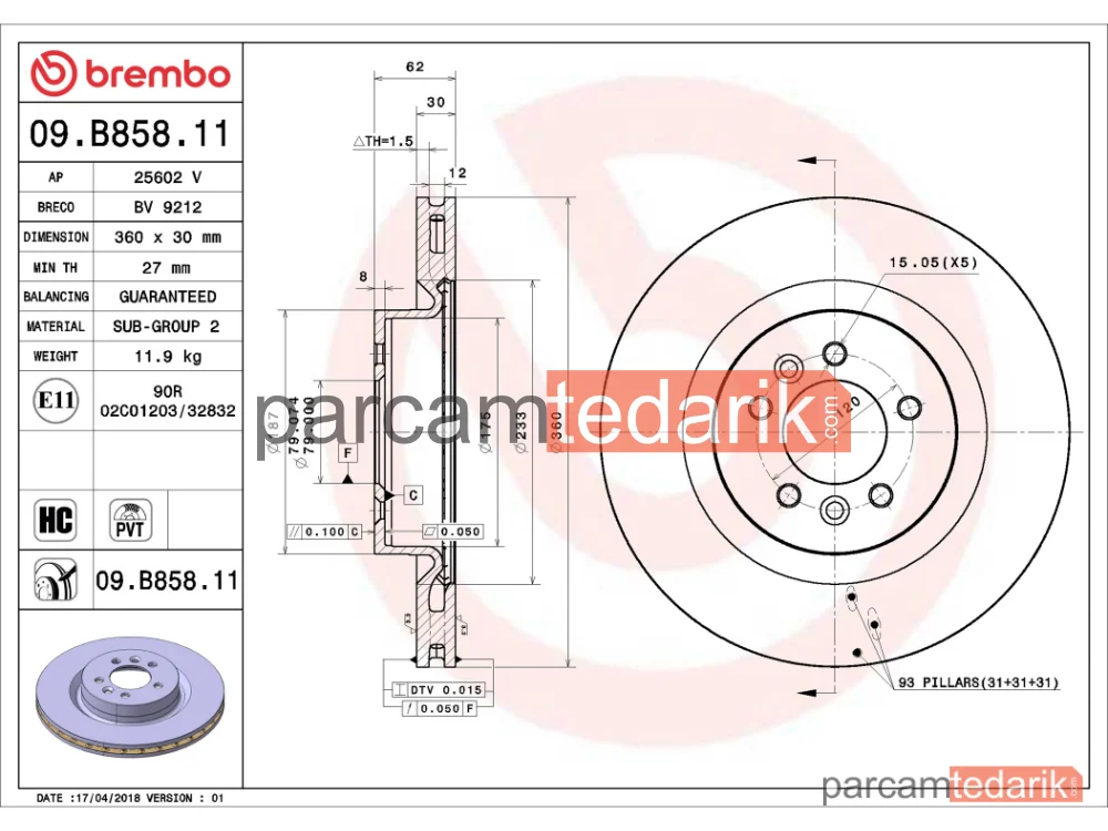 BREMBO 09B85811 | Fren Diski (Ön) — Land Rover Range Rover Sport II, Land Rover Discovery V