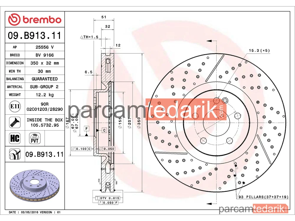 BREMBO 09B91311 | Fren Diski (Ön) — Mercedes-Benz Cla Coupe, Mercedes-Benz Cla Shooting Brake