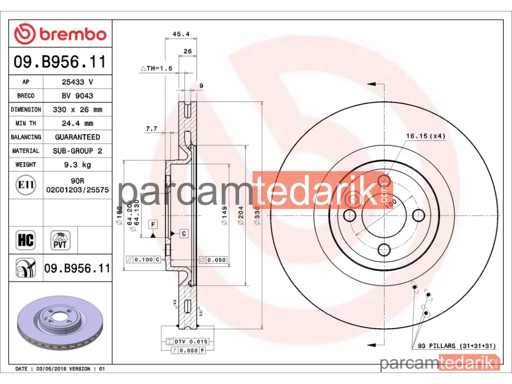 BREMBO 09B95611 | Fren Diski (Ön) — Mini