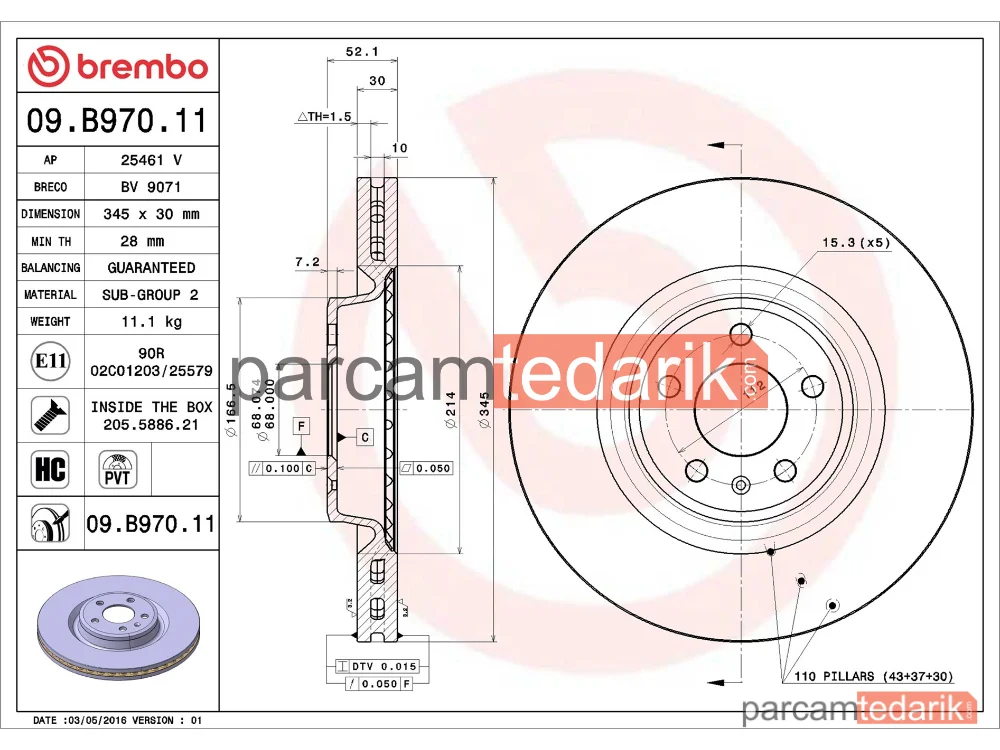 BREMBO 09B97011 | Fren Diski (Ön, 345x30 mm, 5×112) — Audi A6 C7, Audi A5, Audi A7