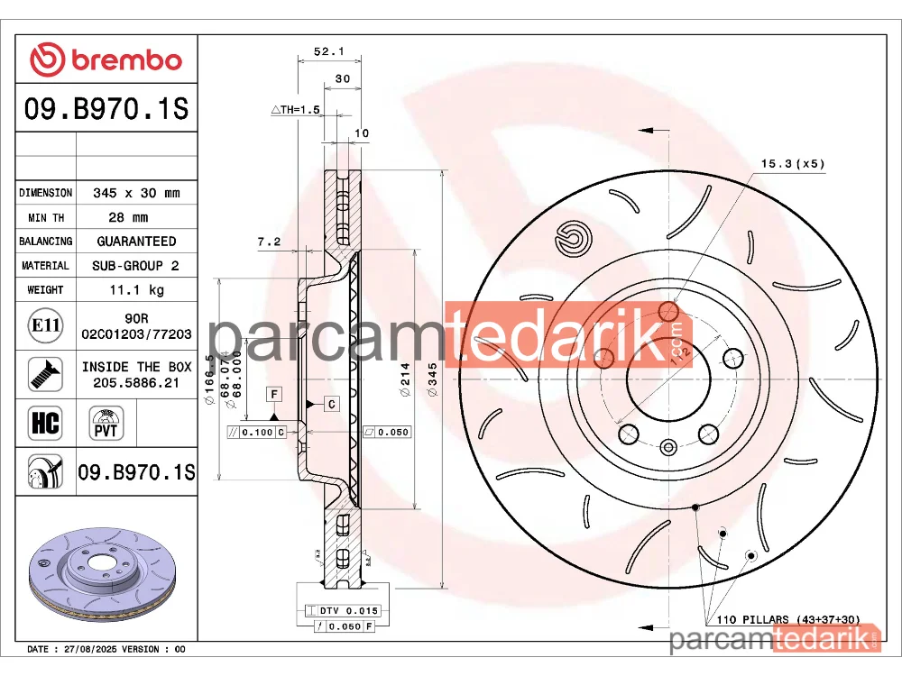 BREMBO 09B9701S | Fren Diski (Ön, 345x30 mm, 5×112) — Audi A6 C7, Audi A5, Audi A7