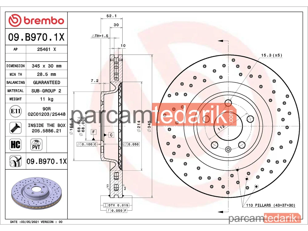 BREMBO 09B9701X | Fren Diski (Ön, Delikli, 345x30 mm, 5×112) — Audi A6 C7, Audi A5, Audi A7