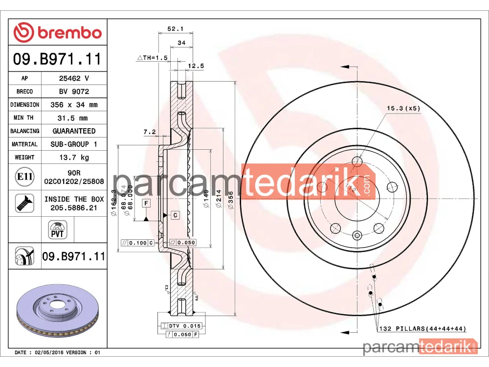 BREMBO 09B97111 | Fren Diski (Ön, 356x34 mm, 5×112) — Audi A6 C7, Audi A7, Audi A8 D4