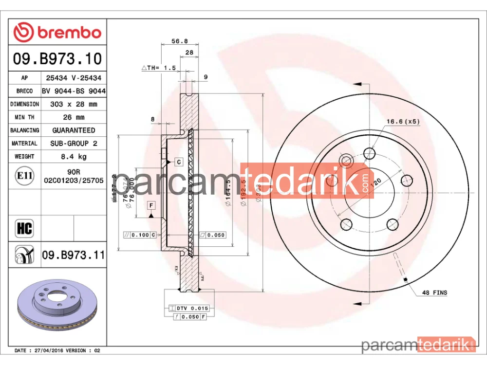 BREMBO 09B97311 | Fren Diski (Ön, 303x28 mm, 5×120) — VW Amarok