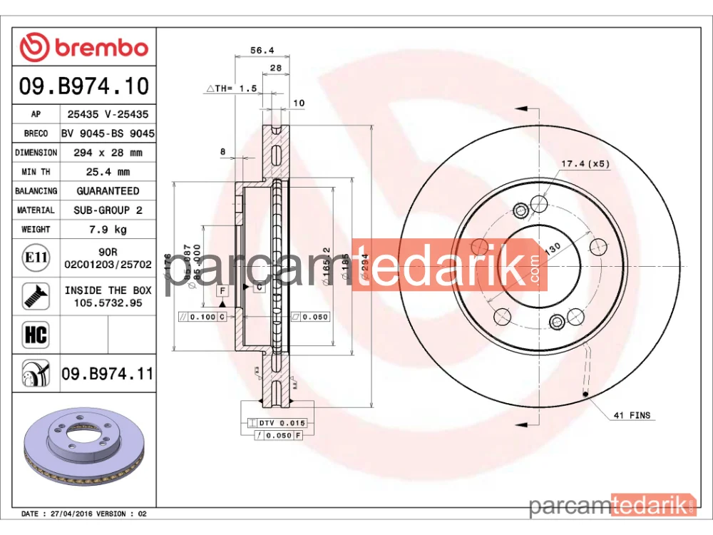 BREMBO 09B97411 | Fren Diski (Ön) — SsangYong Rexton / Rexton II, SsangYong Actyon I, SsangYong Kyron