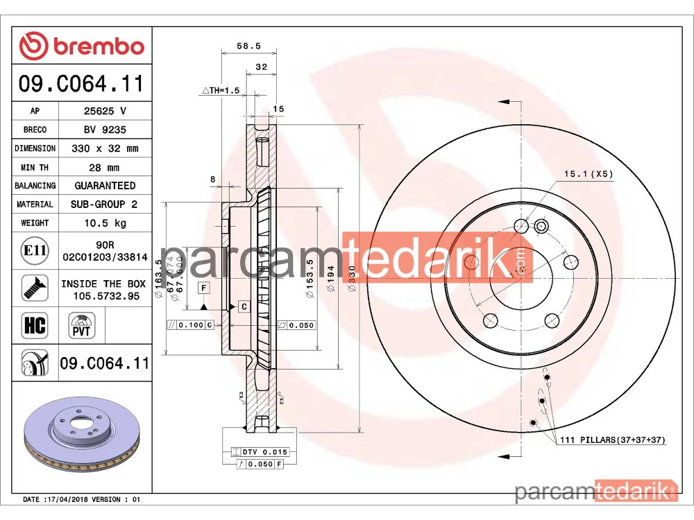 BREMBO 09C06411 | Fren Diski (Ön, 330 mm) — Mercedes-Benz Vito Mixto, Mercedes-Benz Vito Tourer