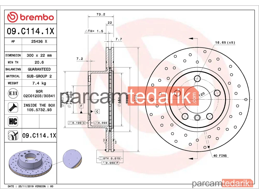 BREMBO 09C1141X | Fren Diski (Ön, Delikli) — BMW 1, BMW 3, BMW 3 Touring