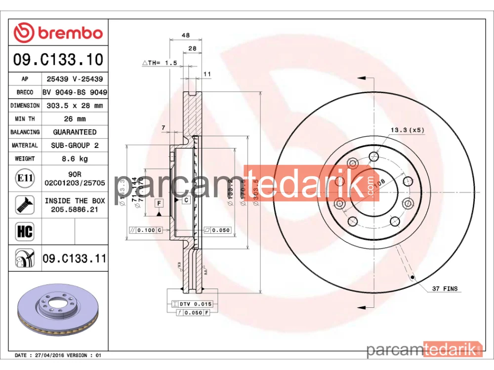 BREMBO 09C13311 | Fren Diski (Ön, 304 mm) — Peugeot 308 II, Peugeot 308 SW II, Peugeot 508 I