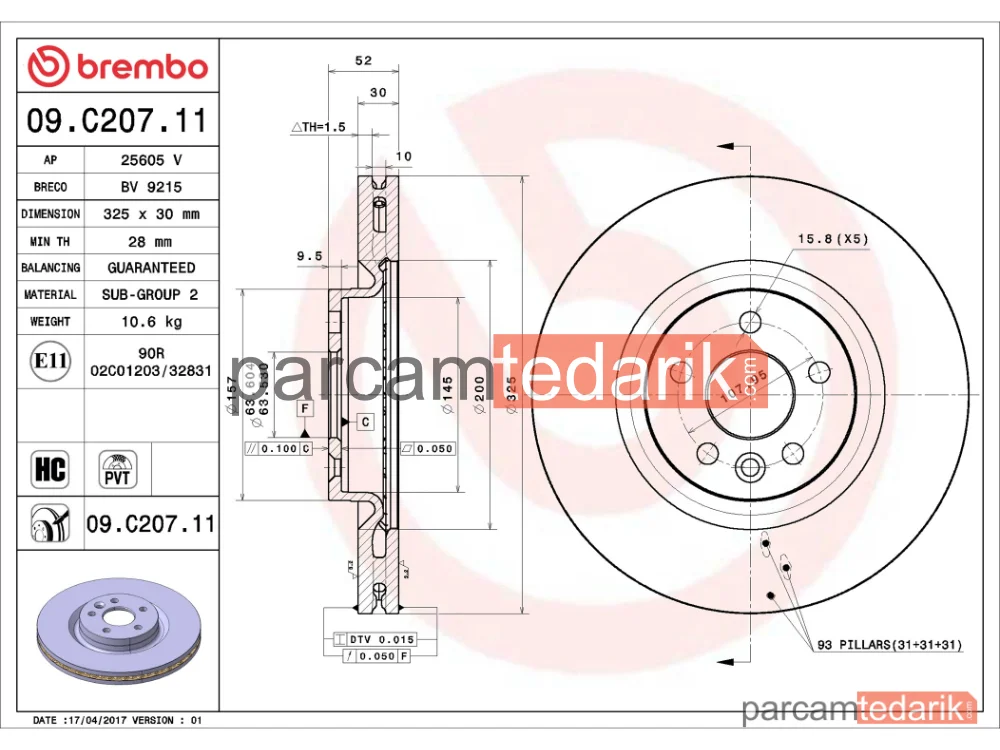 BREMBO 09C20711 | Fren Diski (Ön) — Land Rover Discovery Sport, Land Rover Range Rover Evoque