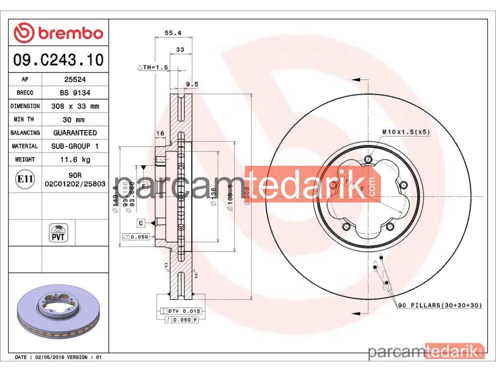 BREMBO 09C24310 | Fren Diski (Ön) — Ford Transit V363, Ford Transit Custom V362, Ford Tourneo Custom V362
