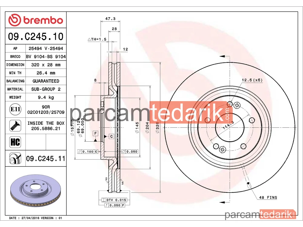 BREMBO 09C24511 | Fren Diski (Ön) — Hyundai Tucson, Kia Sportage IV, Hyundai i40 I CW