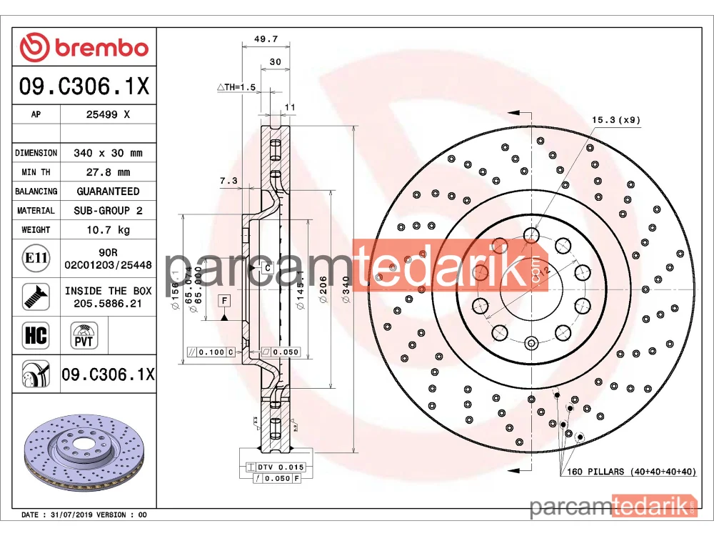 BREMBO 09C3061X | Fren Diski (Ön, Delikli, 340x30 mm, 5×112) — VW Golf VII, Audi A3 Limousine, Audi A3