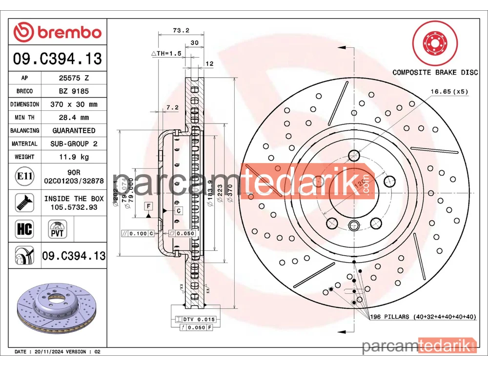 BREMBO 09C39413 | Fren Diski (Ön, Delikli) — BMW 1, BMW 3, BMW 4 Gran Coupe