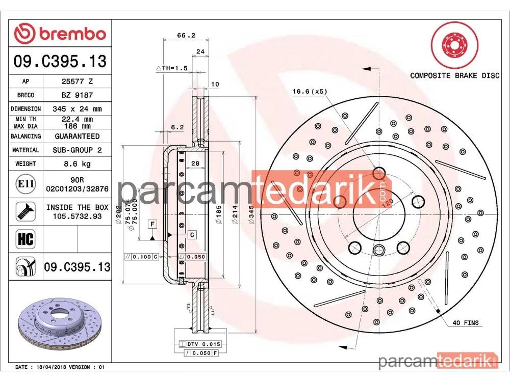 BREMBO 09C39513 | Fren Diski (Arka, Delikli) — BMW 3, BMW 4 Gran Coupe, BMW 3 Touring