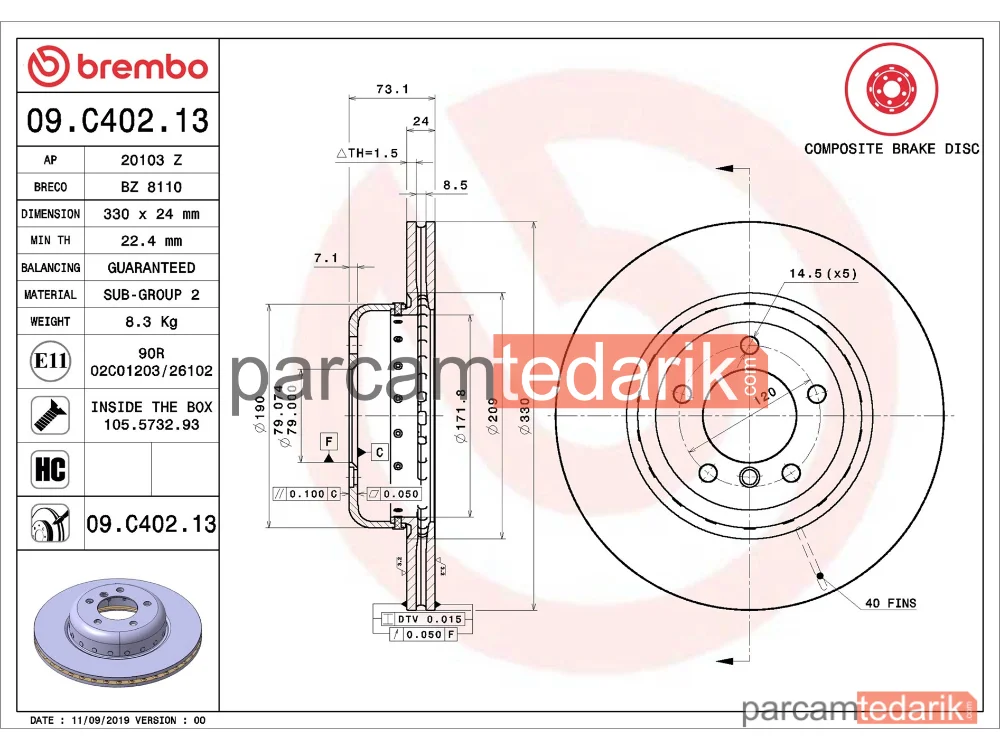 BREMBO 09C40213 | Fren Diski (Ön) — BMW Z4 Roadster