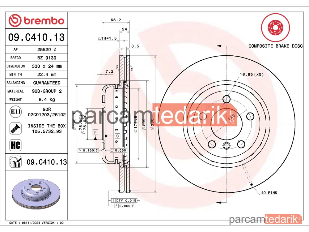 BREMBO 09C41013 | Fren Diski (Ön) — BMW 5, BMW 5 Touring
