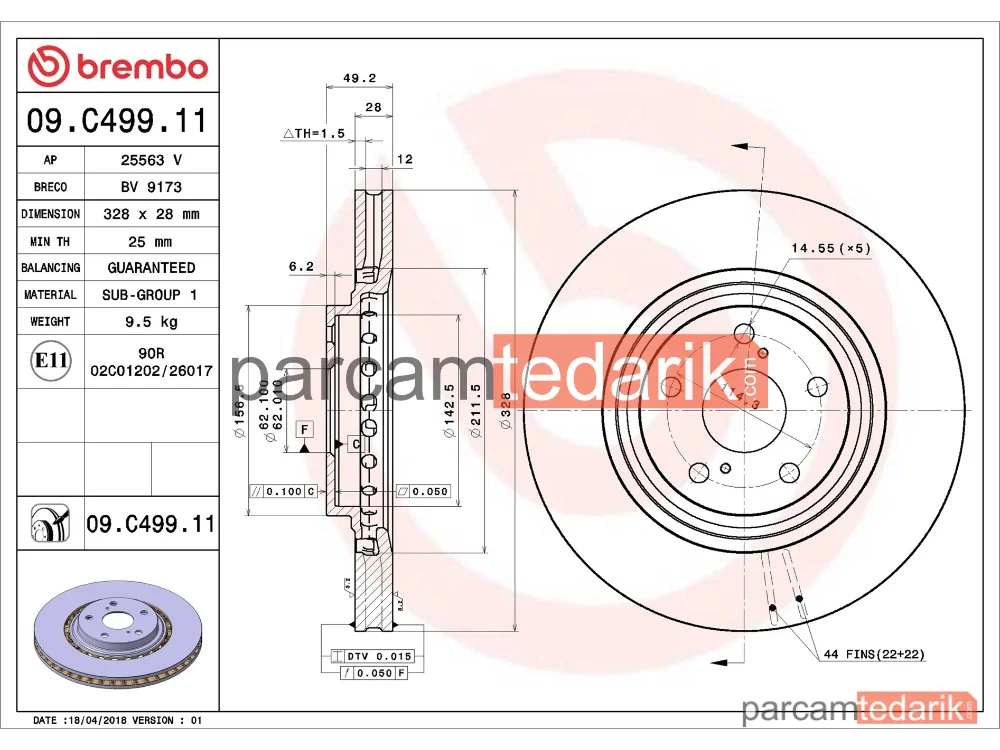 BREMBO 09C49911 | Fren Diski (Ön) — Lexus NX, Toyota Rav 4 IV, Lexus RX