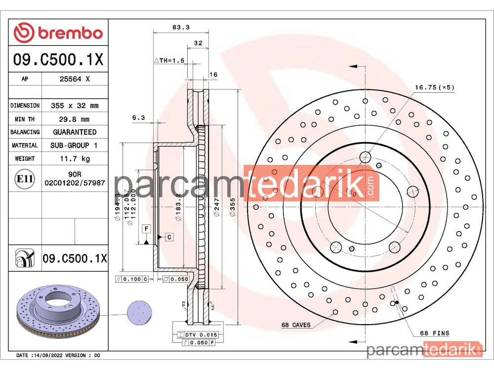 BREMBO 09C5001X | Fren Diski — Toyota Land Cruiser 200, Toyota Tundra Pick-Up