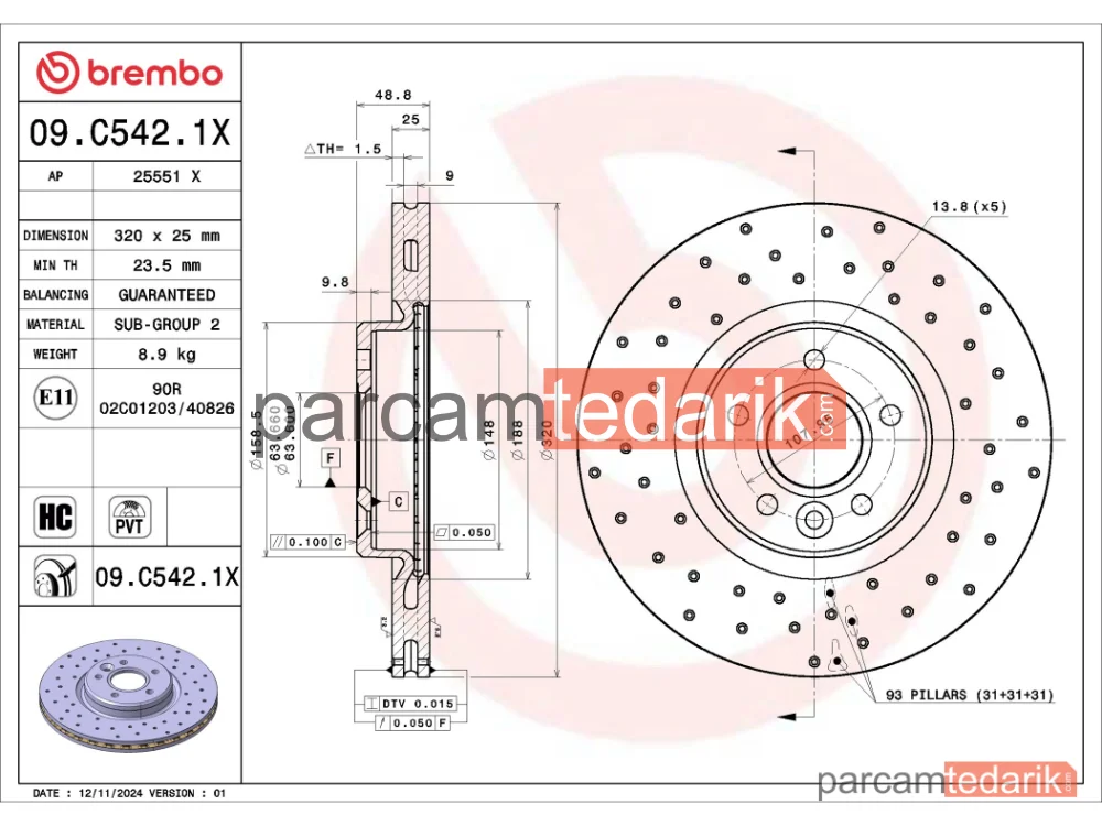 BREMBO 09C5421X | Fren Diski (Ön, Xtra) — Volvo V50, Volvo S40 II, Volvo C30