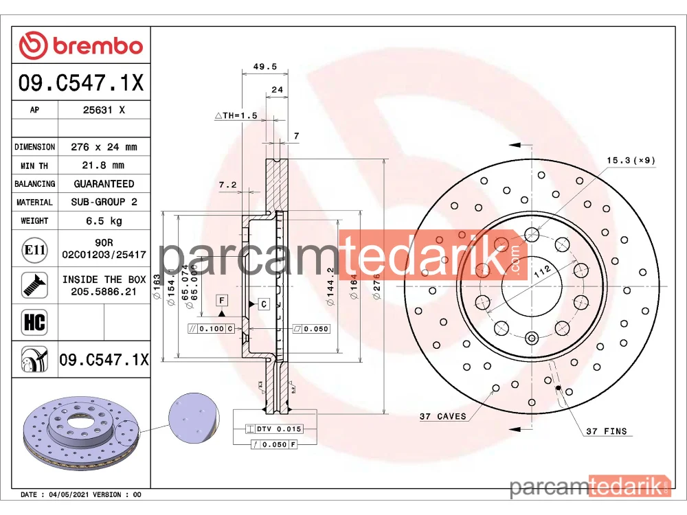 BREMBO 09C5471X | Fren Diski (Ön, Delikli, 276x24 mm, 5×112) — Seat Leon ST, VW Golf VII Variant, VW Golf VII
