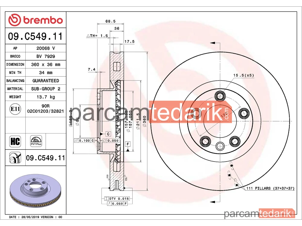 BREMBO 09C54911 | Fren Diski (Ön) — Porsche Cayenne, VW Touareg