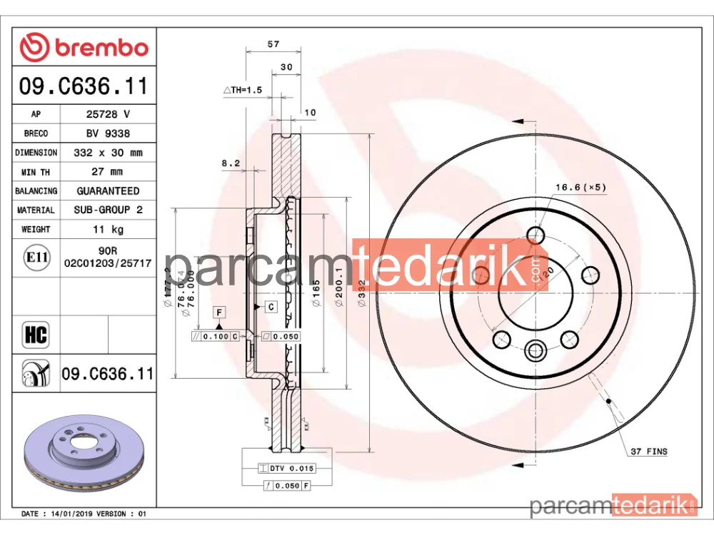 BREMBO 09C63611 | Fren Diski (Ön, 332x30 mm, 5×120) — VW Amarok