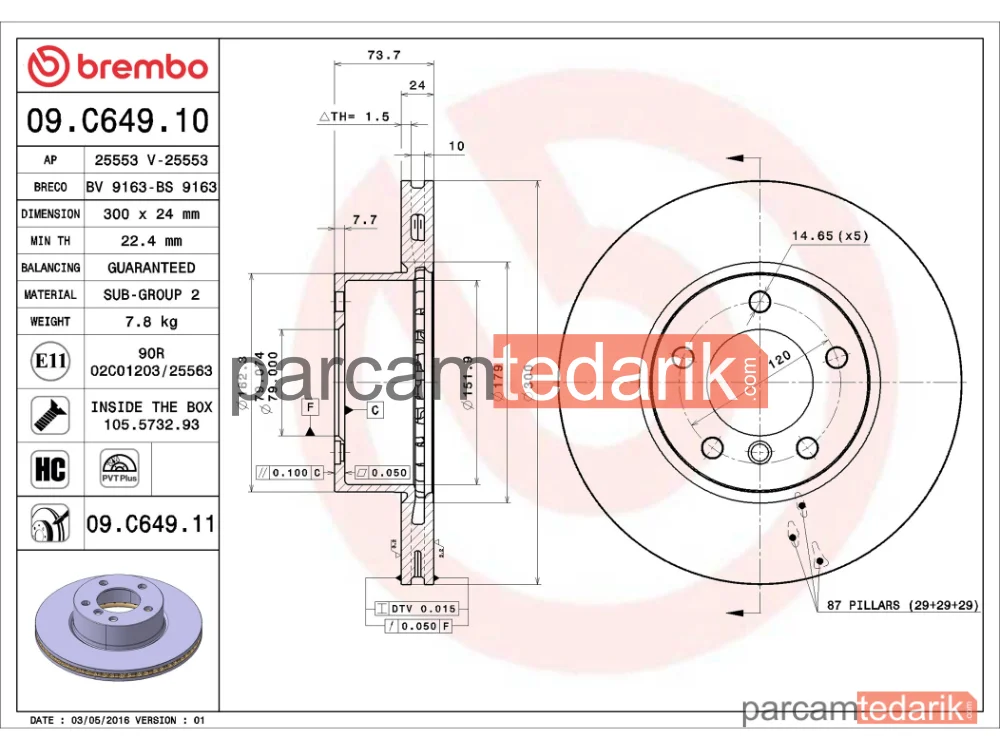 BREMBO 09C64911 | Fren Diski (Ön) — BMW 3, BMW 3 Touring, BMW 1