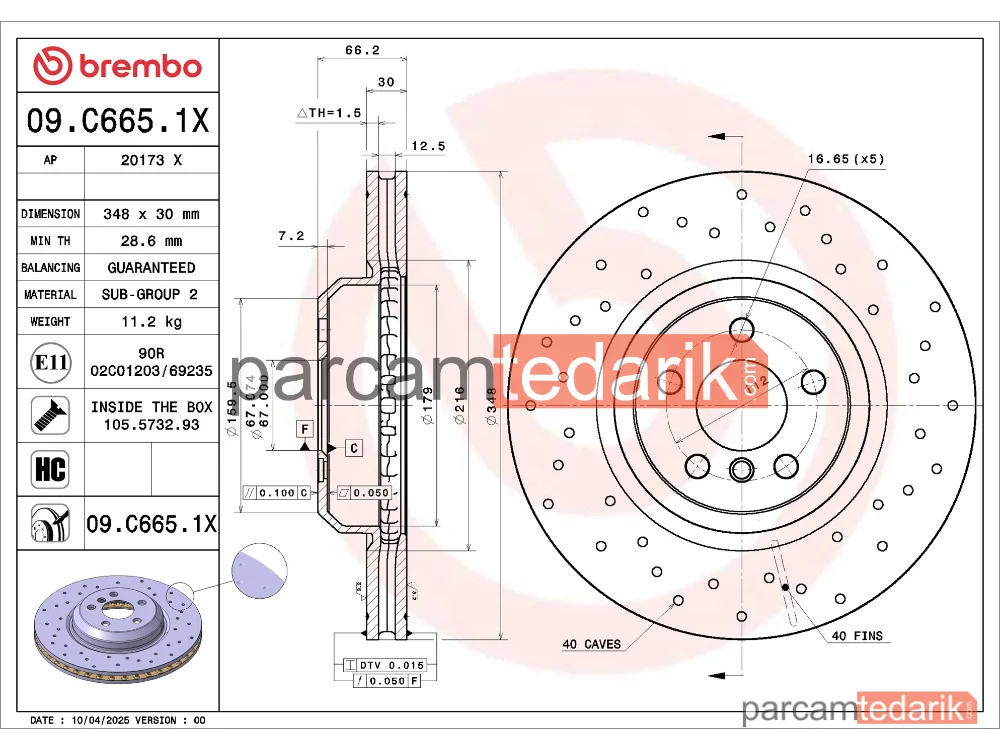 BREMBO 09C6651X | Fren Diski (Ön, Delikli)
