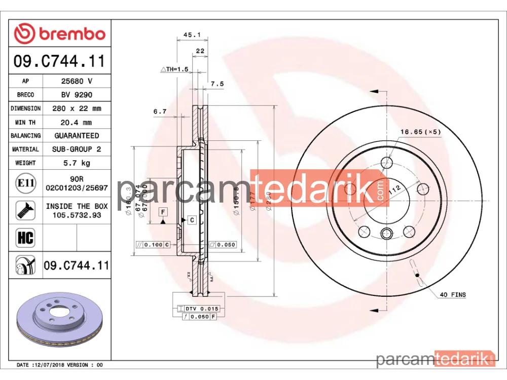 BREMBO 09C74411 | Fren Diski (Ön) — Mini, Mini Cabrio, BMW 2 Active Tourer