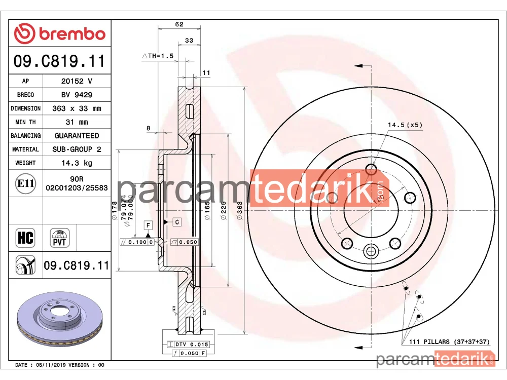 BREMBO 09C81911 | Fren Diski (Ön) — Land Rover Range Rover Sport II, Land Rover Range Rover IV