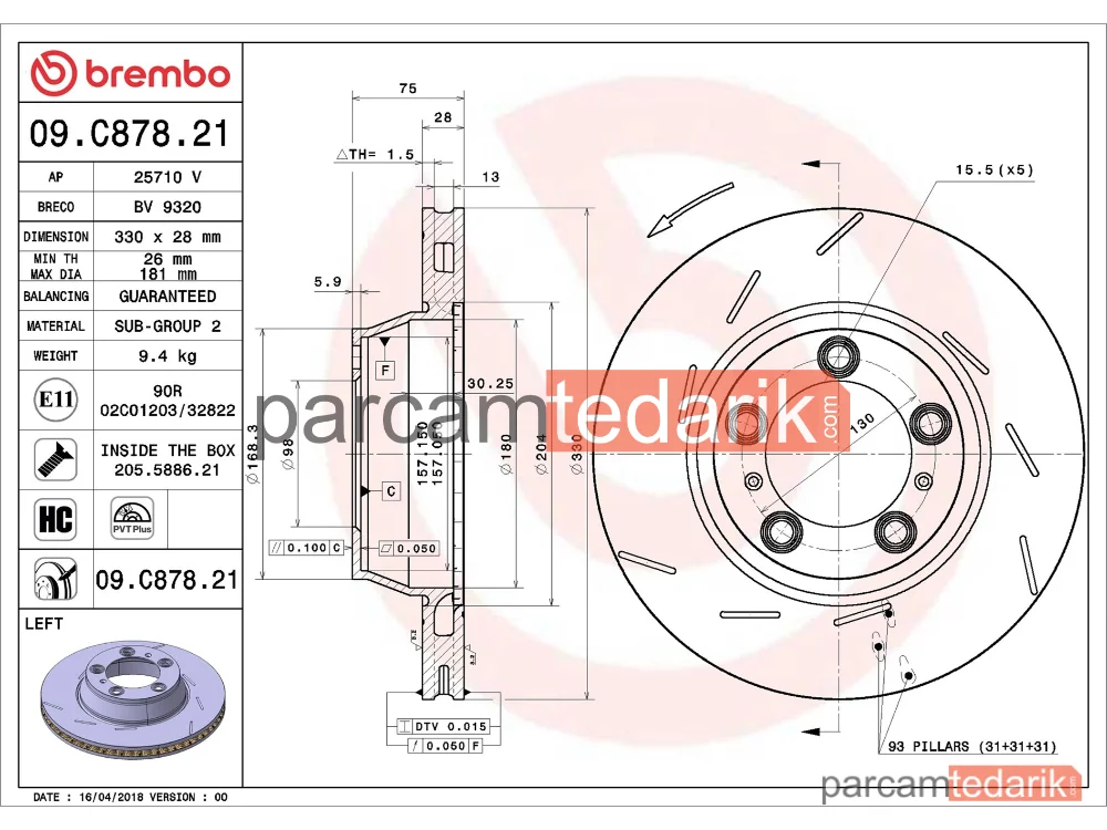 BREMBO 09C87821 | Fren Diski (Arka) — Porsche Panamera, Porsche Panamera Sport Turismo