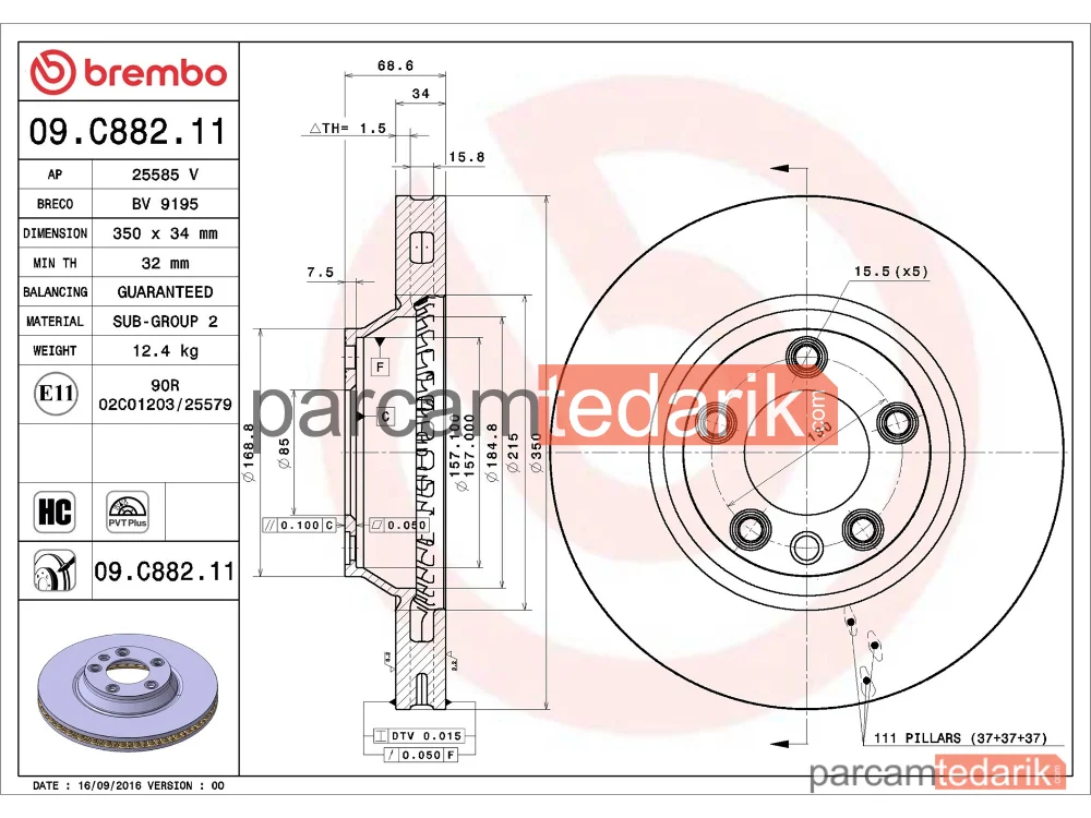 BREMBO 09C88211 | Fren Diski (Ön) — Porsche Cayenne, Audi Q7, VW Touareg