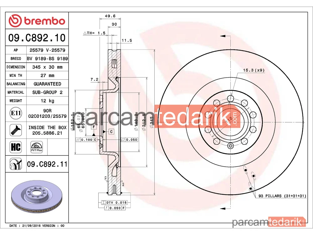 BREMBO 09C89211 | Fren Diski (Ön, 345x30 mm, 5×112) — Audi A3, VW Scirocco III, VW Golf VI