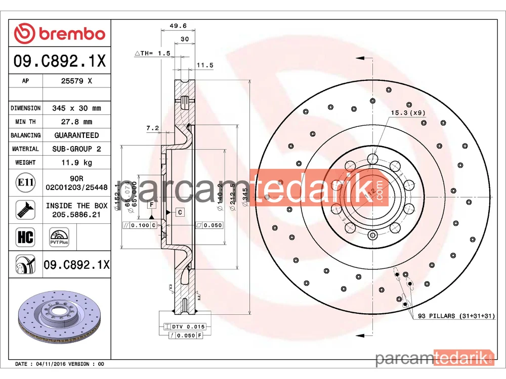 BREMBO 09C8921X | Fren Diski (Ön, Delikli, 345x30 mm, 5×112) — Audi A3, VW Scirocco III, VW Golf VI