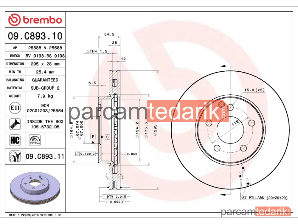 BREMBO 09C89311 | Fren Diski (Ön, 295 mm) — Mercedes-Benz E-Serisi, Mercedes-Benz E-Serisi T-Model
