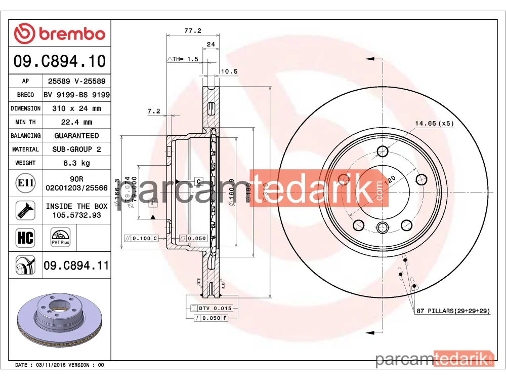 BREMBO 09C89411 | Fren Diski (Ön) — BMW 5, BMW 5 Touring