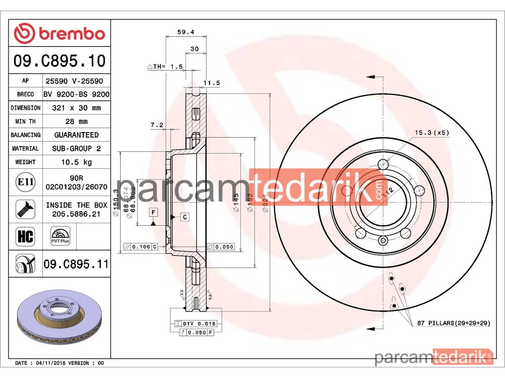 BREMBO 09C89511 | Fren Diski (Ön, 321x30 mm, 5×112) — Audi A6 C6, Audi A8 D3, Audi A6 Allroad C6