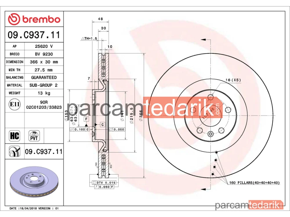BREMBO 09C93711 | Fren Diski (Ön) — Volvo XC60 II, Volvo XC90 II