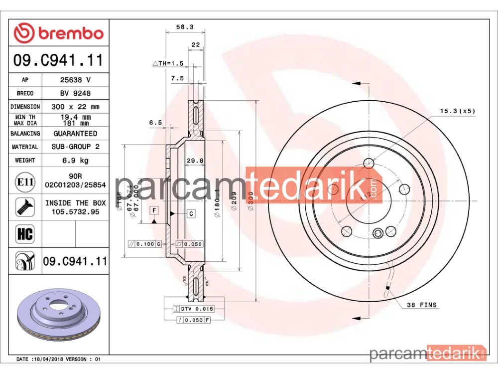 BREMBO 09C94111 | Fren Diski (Arka) — Mercedes-Benz S-Serisi