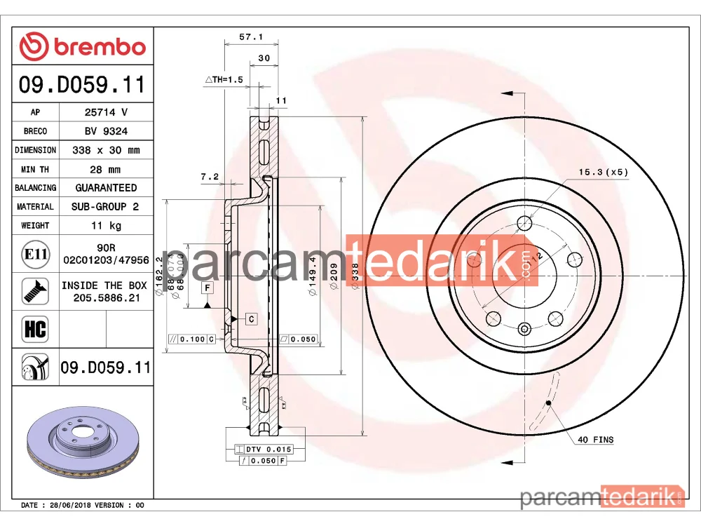 BREMBO 09D05911 | Fren Diski (Ön, 338x30 mm, 5×112) — Audi A4 B9, Audi A5, Audi Q5