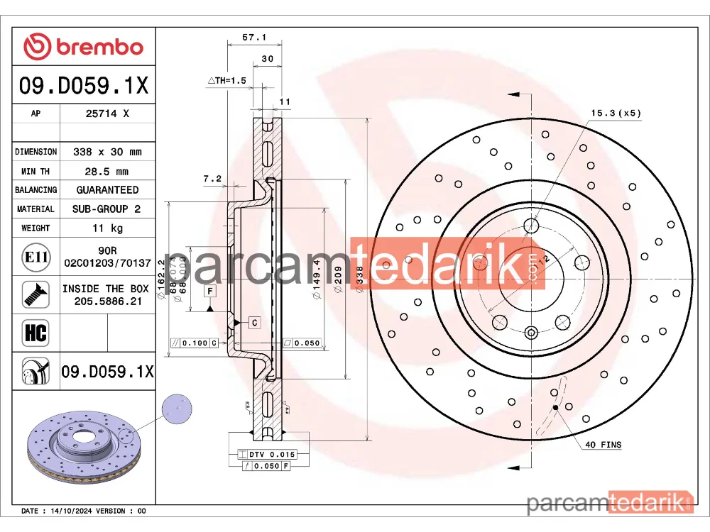 BREMBO 09D0591X | Fren Diski (Ön, Delikli, 338x30 mm, 5×112) — Audi A4 B9, Audi A5, Audi Q5