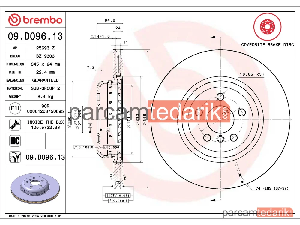 BREMBO 09D09613 | Fren Diski (Arka) — BMW 5, BMW 5 Touring, BMW 3