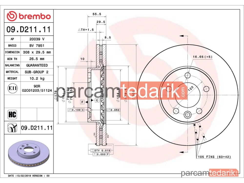 BREMBO 09D21111 | Fren Diski (Ön, 308x29 mm, 5×120) — VW Transporter T5, VW Transporter T6 / Caravelle T6, VW Transporter T6