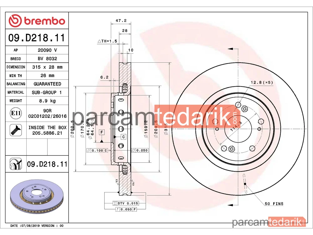 BREMBO 09D21811 | Fren Diski (Ön) — Honda Cr-V III, Honda Cr-V IV