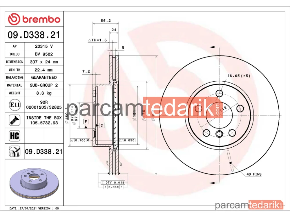 BREMBO 09D33821 | Fren Diski (Ön) — BMW 3, BMW 3 Touring, BMW 4 Coupe